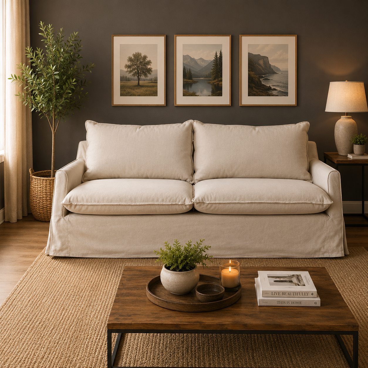 Sofa Rehue con Funda en Chenille Tipo Lino